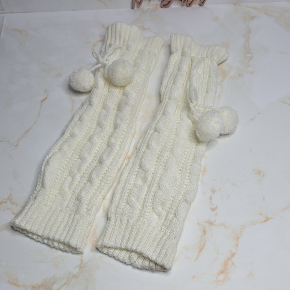 Cream Cable Knit Legg Or Arm Warmers with Pom Poms